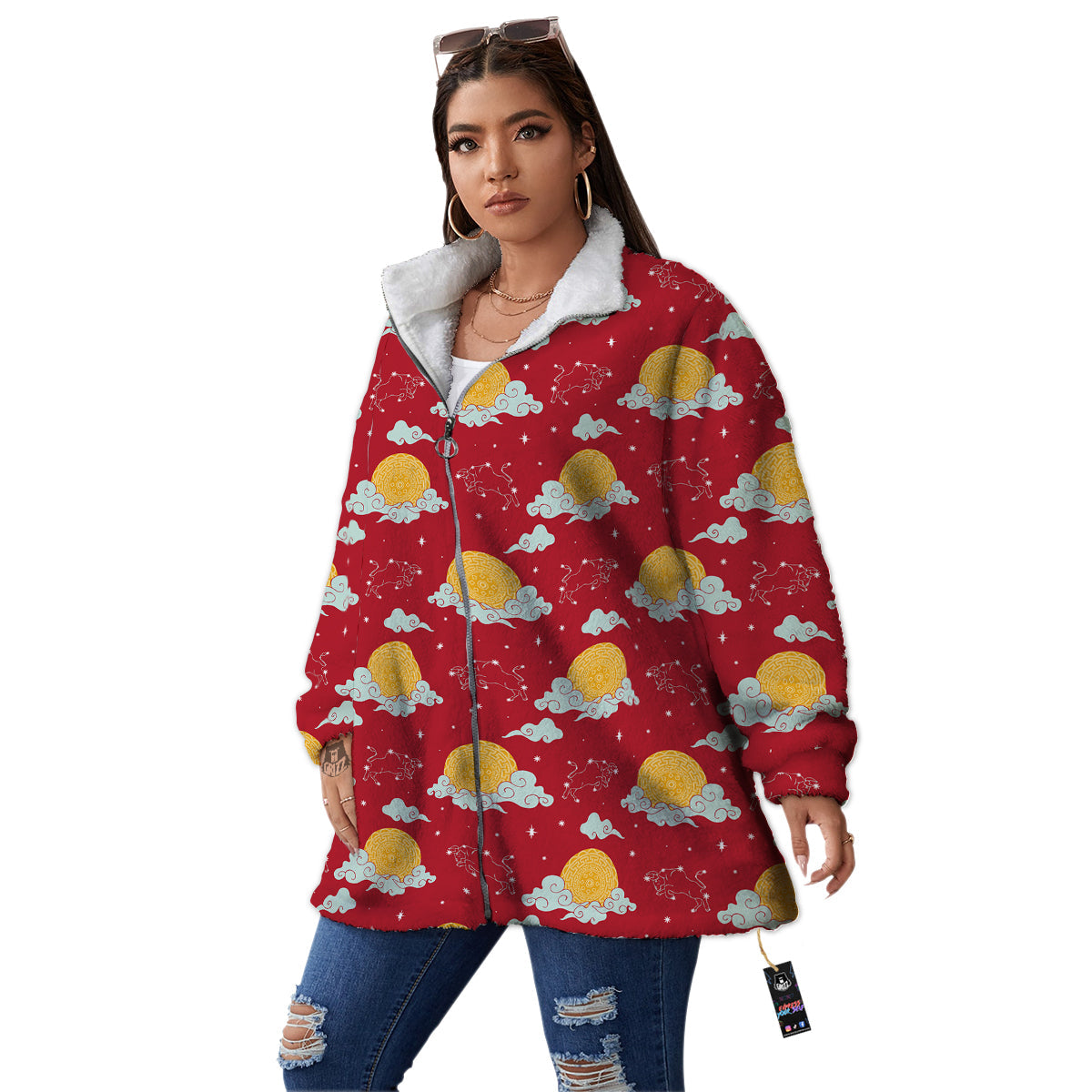 Zodiac Taurus Sky Chinese Year Print Pattern Women's Sherpa Jacket-grizzshop