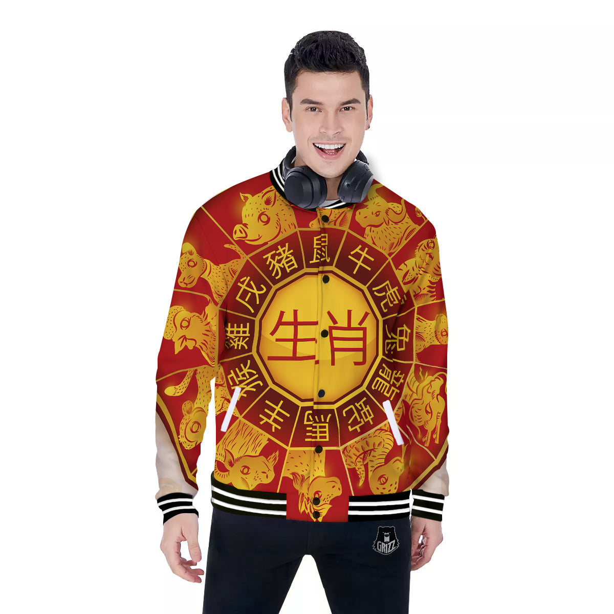 Zodiac Wheel Colourful Chinese Print Baseball Jacket-grizzshop