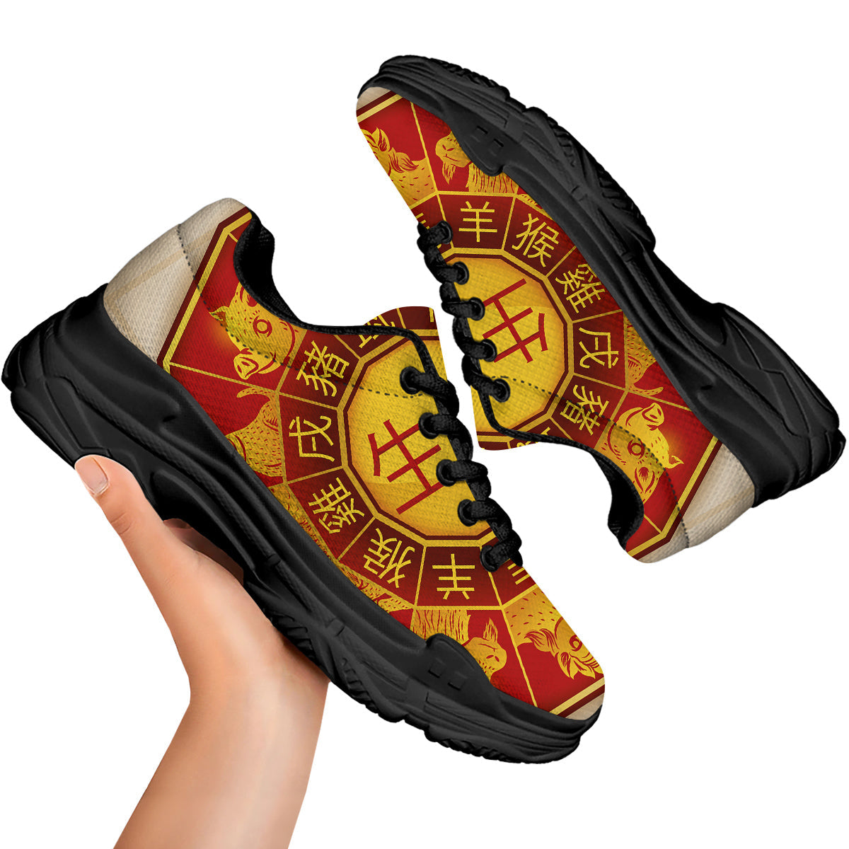 Zodiac Wheel Colourful Chinese Print Black Chunky Shoes-grizzshop