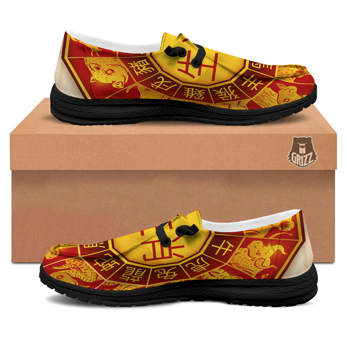 Zodiac Wheel Colourful Chinese Print Black Loafers-grizzshop