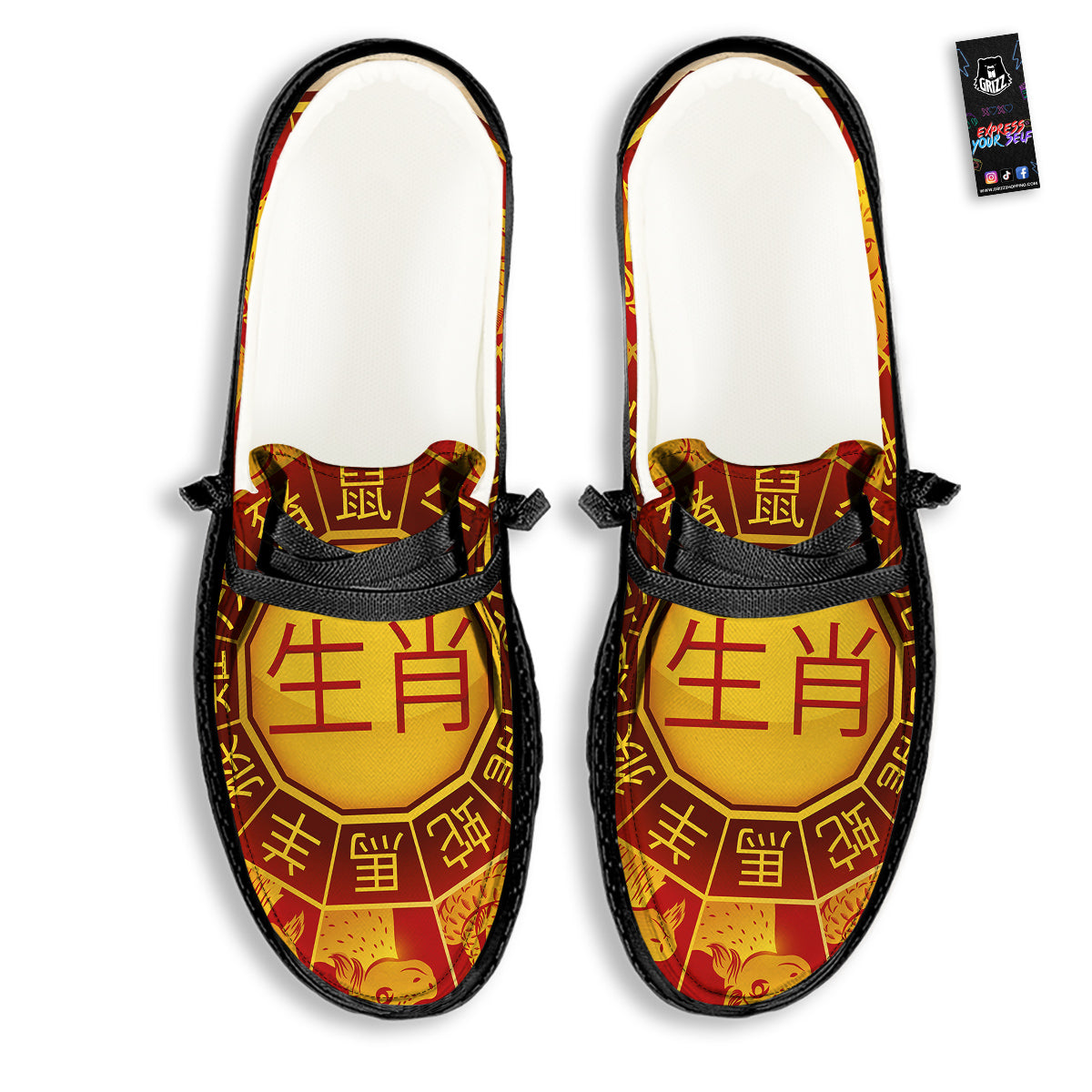 Zodiac Wheel Colourful Chinese Print Black Loafers-grizzshop