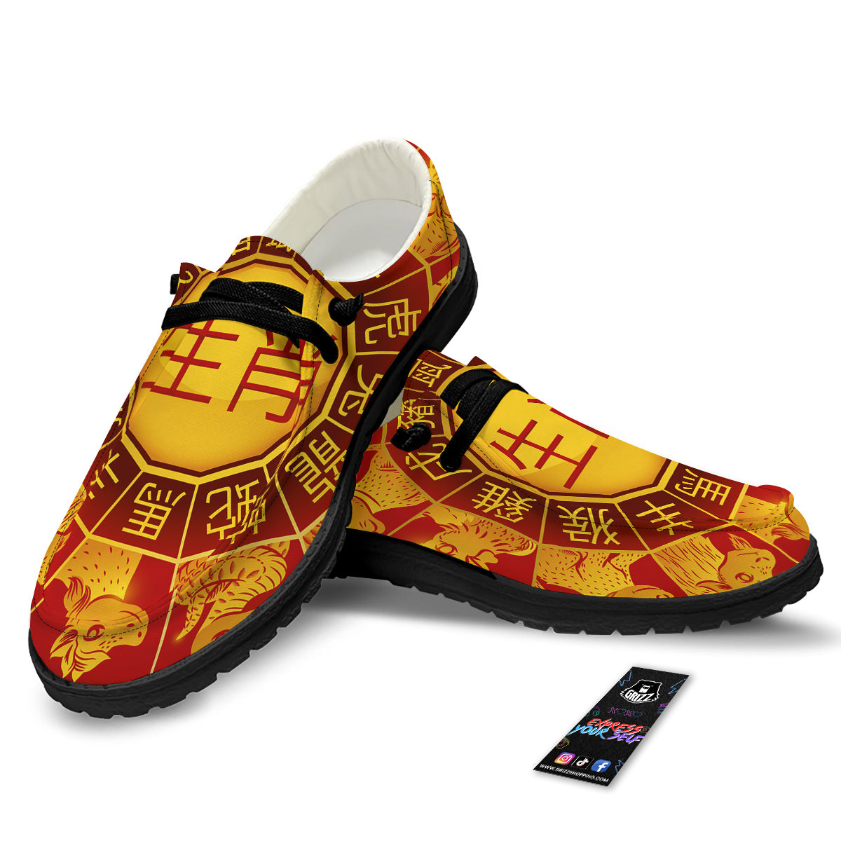 Zodiac Wheel Colourful Chinese Print Black Loafers-grizzshop