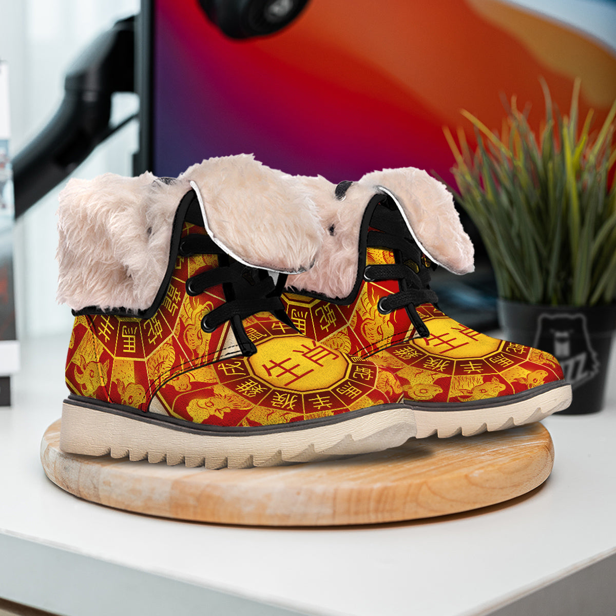Zodiac Wheel Colourful Chinese Print Snow Boots-grizzshop