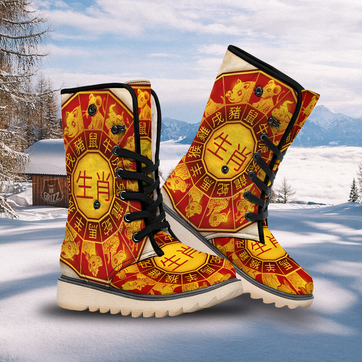 Zodiac Wheel Colourful Chinese Print Snow Boots-grizzshop