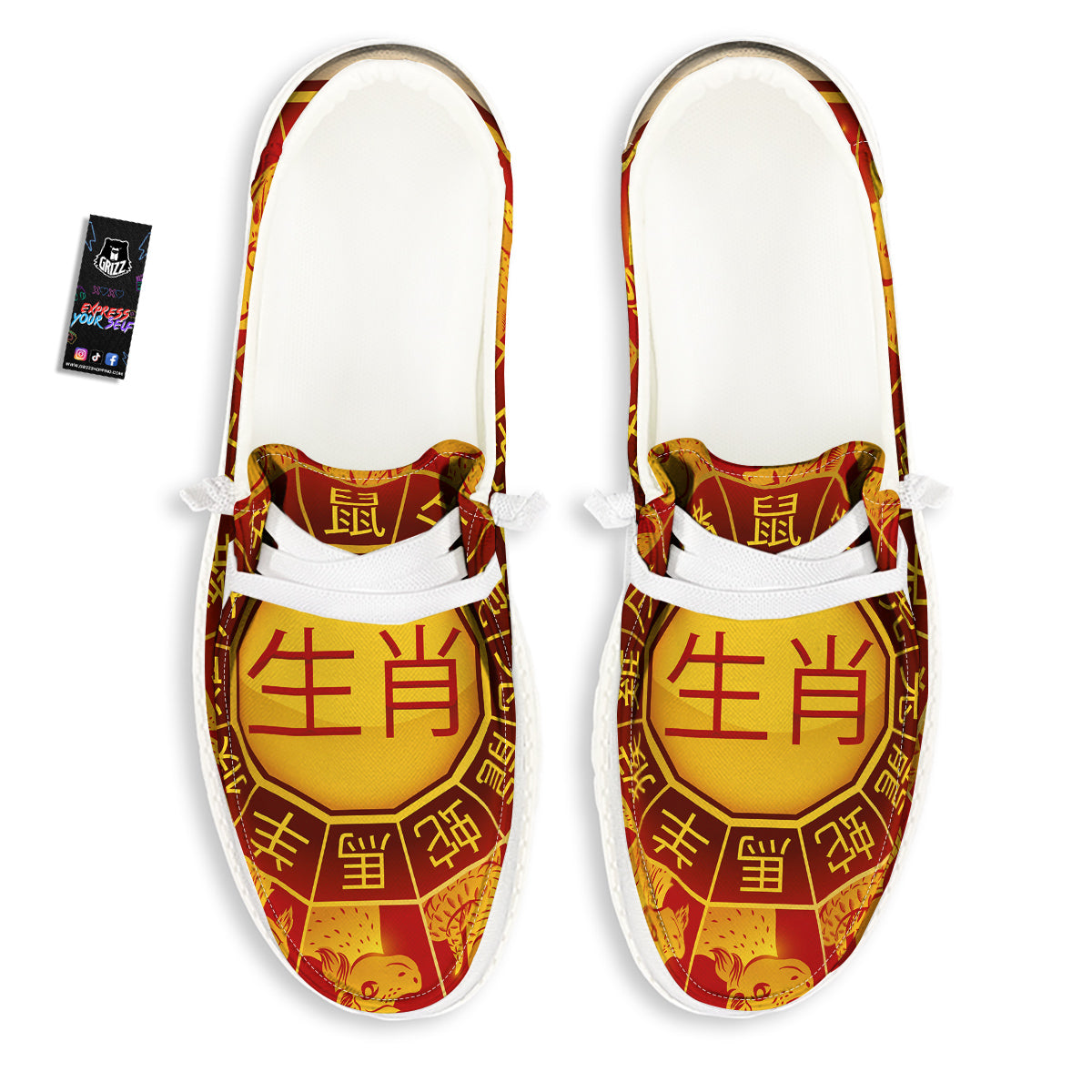 Zodiac Wheel Colourful Chinese Print White Loafers-grizzshop
