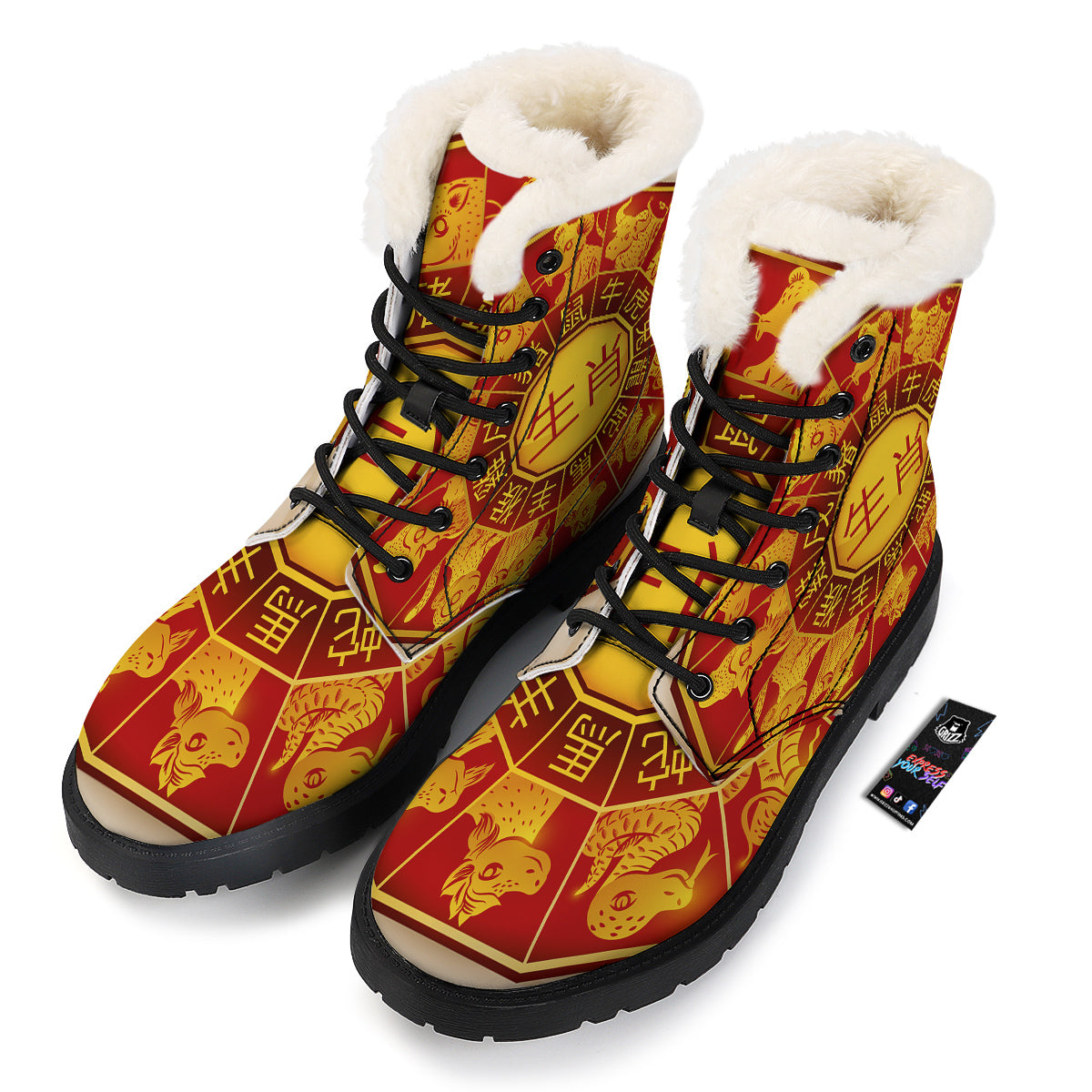 Zodiac Wheel Colourful Chinese Print Winter Boots-grizzshop