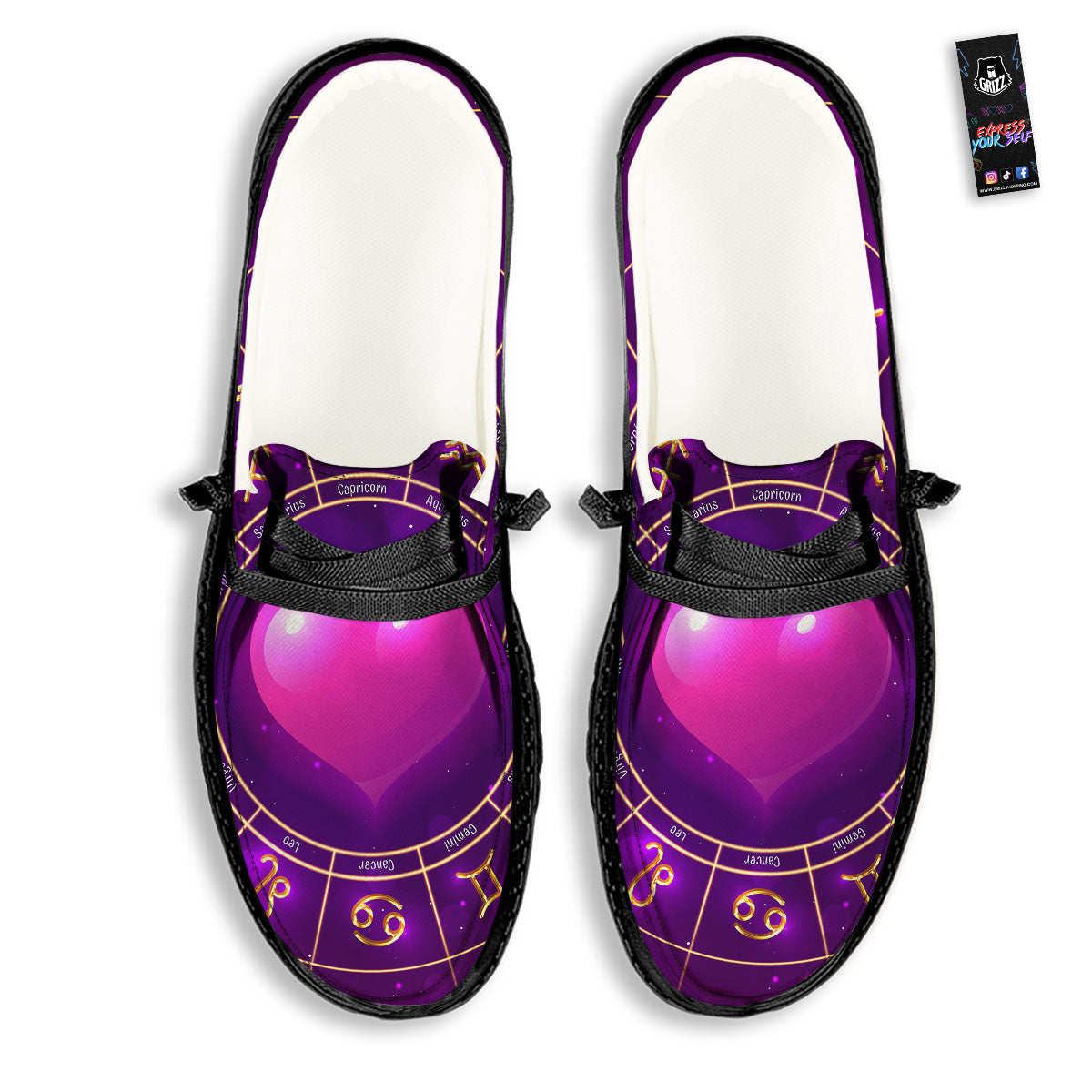 Zodiac Wheel Pink Heart Print Black Loafers-grizzshop