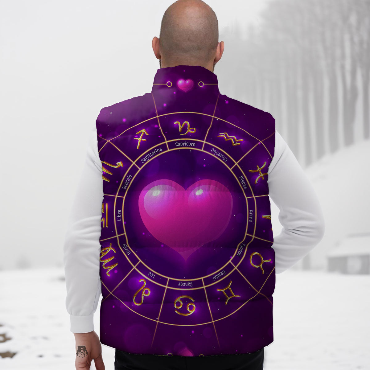 Zodiac Wheel Pink Heart Print Down Vest
