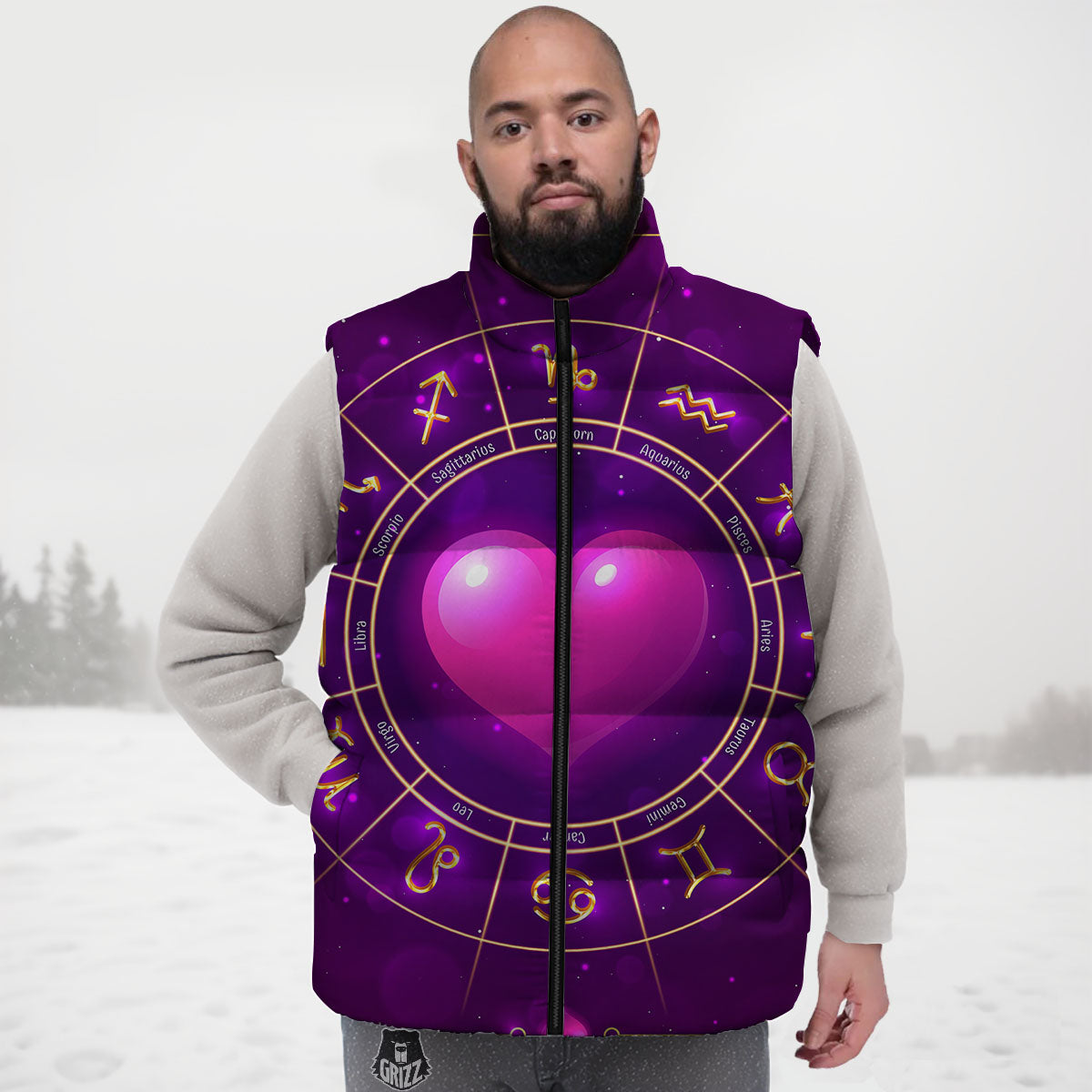 Zodiac Wheel Pink Heart Print Down Vest