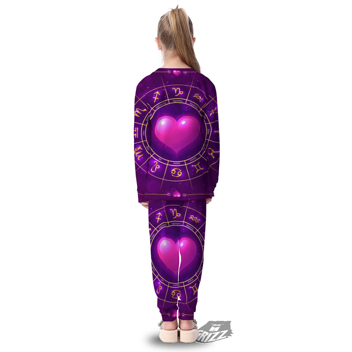 Zodiac Wheel Pink Heart Print Kid's Pajamas-grizzshop