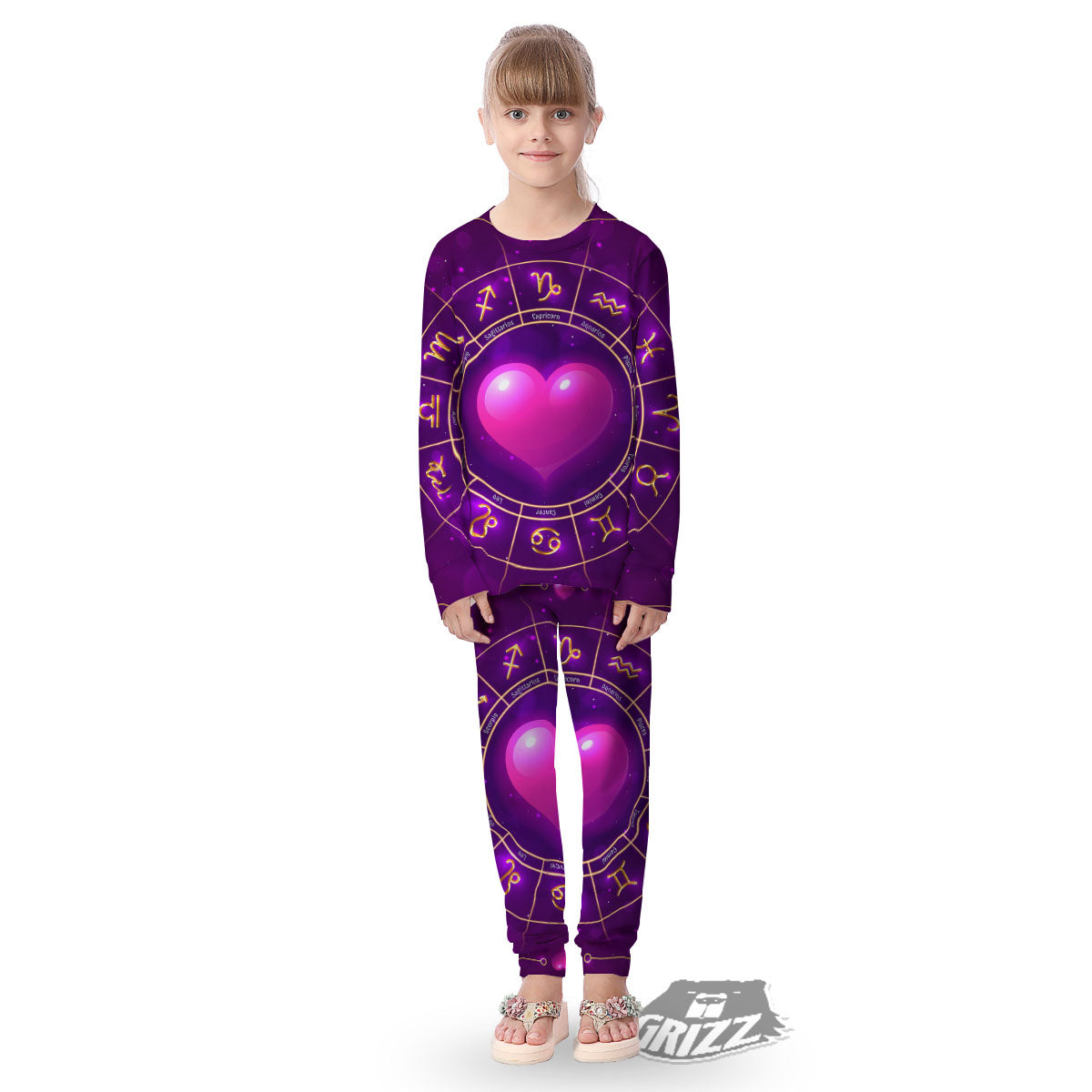 Zodiac Wheel Pink Heart Print Kid's Pajamas-grizzshop