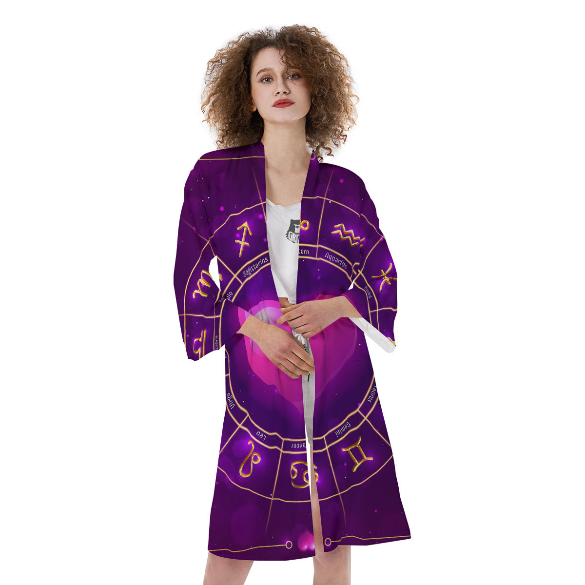 Zodiac Wheel Pink Heart Print Kimono-grizzshop