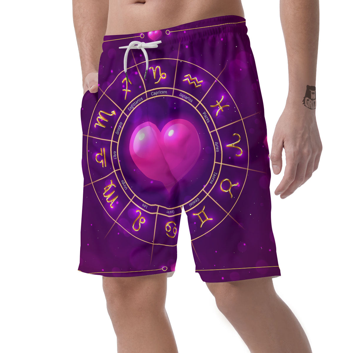 Zodiac Wheel Pink Heart Print Men's Shorts-grizzshop