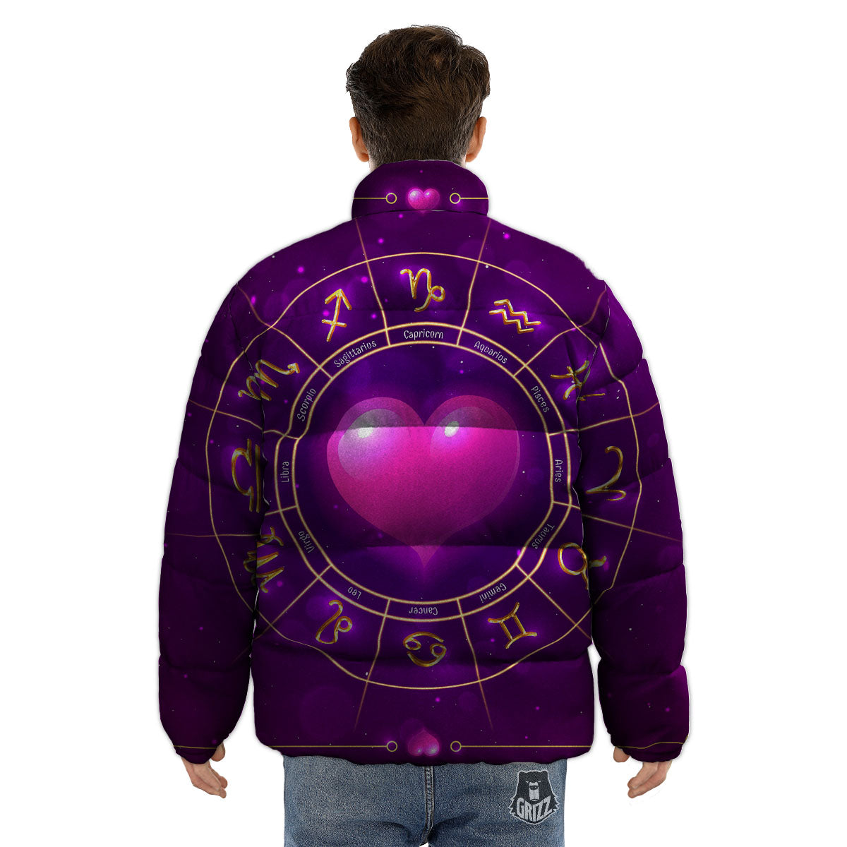 Zodiac Wheel Pink Heart Print Puffer Jacket-grizzshop