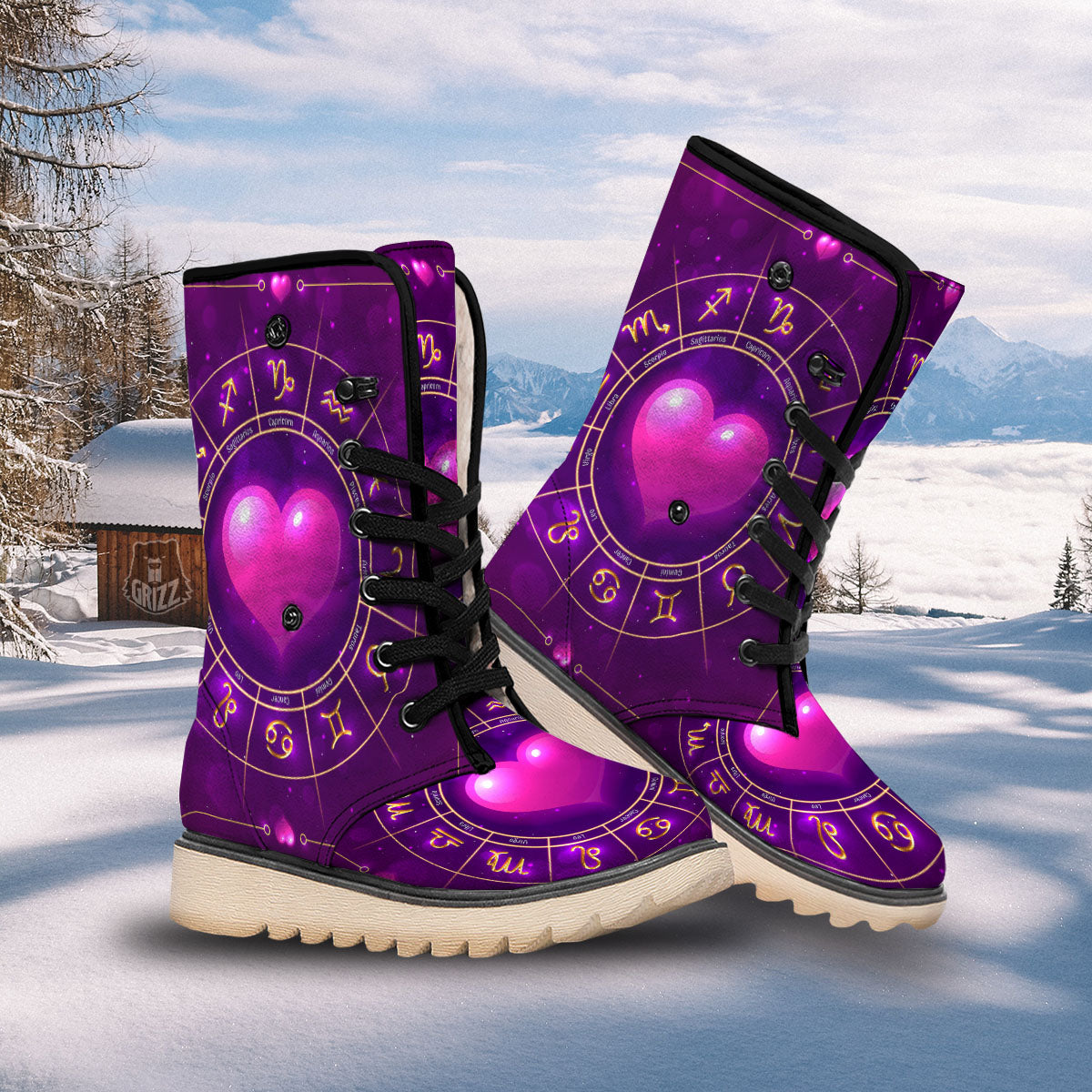 Zodiac Wheel Pink Heart Print Snow Boots-grizzshop