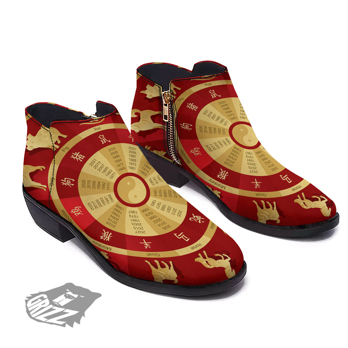 Zodiac Wheel Red Chinese Print Ankle Boots-grizzshop