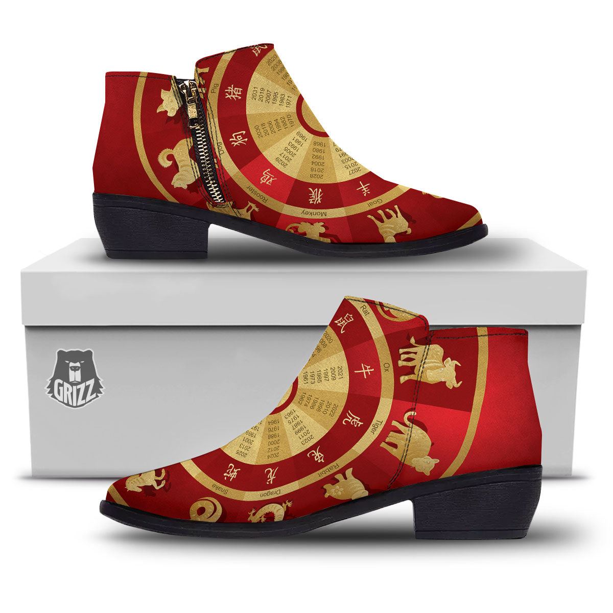 Zodiac Wheel Red Chinese Print Ankle Boots-grizzshop