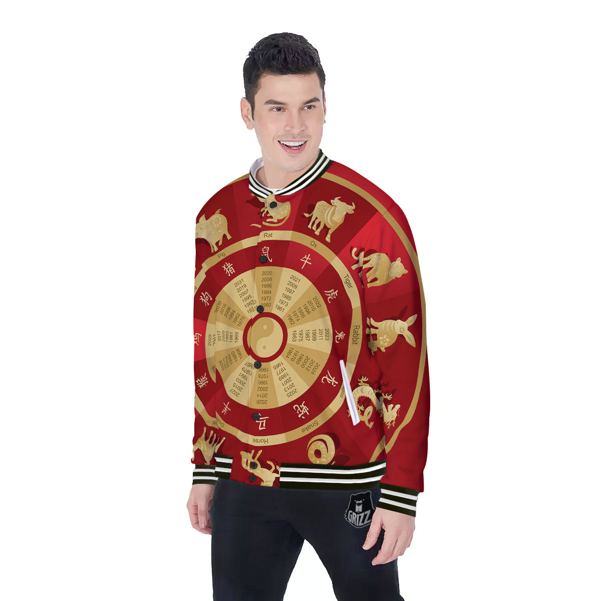 Zodiac Wheel Red Chinese Print Baseball Jacket-grizzshop