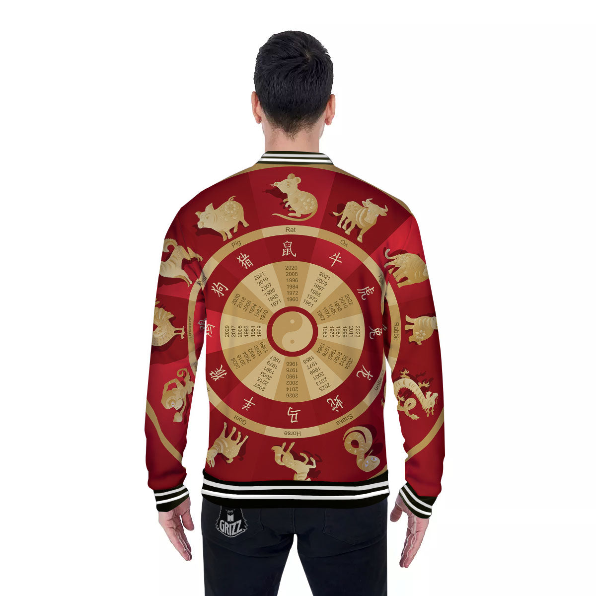 Zodiac Wheel Red Chinese Print Baseball Jacket-grizzshop