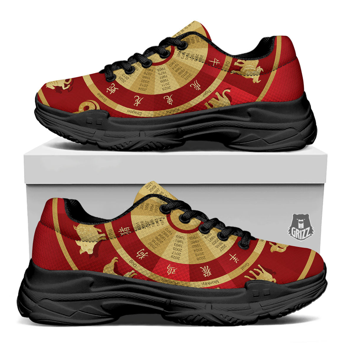 Zodiac Wheel Red Chinese Print Black Chunky Shoes-grizzshop