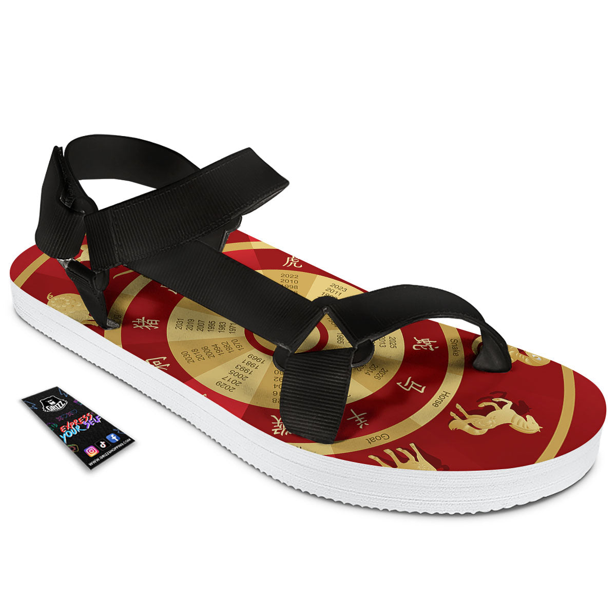 Zodiac Wheel Red Chinese Print Black Open Toe Sandals-grizzshop