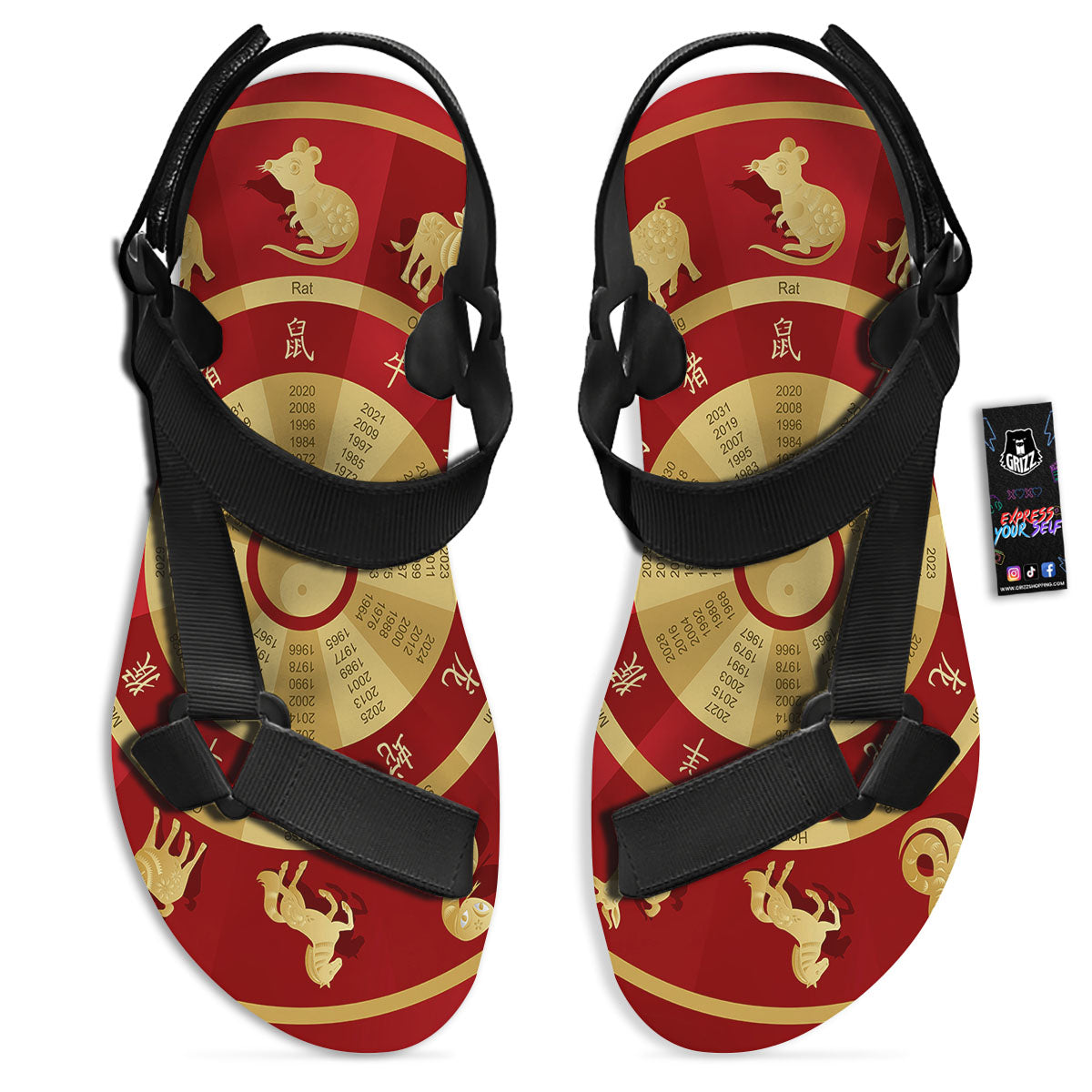 Zodiac Wheel Red Chinese Print Black Open Toe Sandals-grizzshop