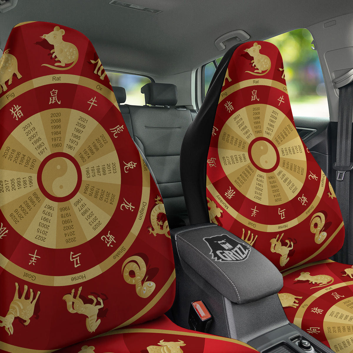Zodiac Wheel Red Chinese Print Car Seat Covers-grizzshop