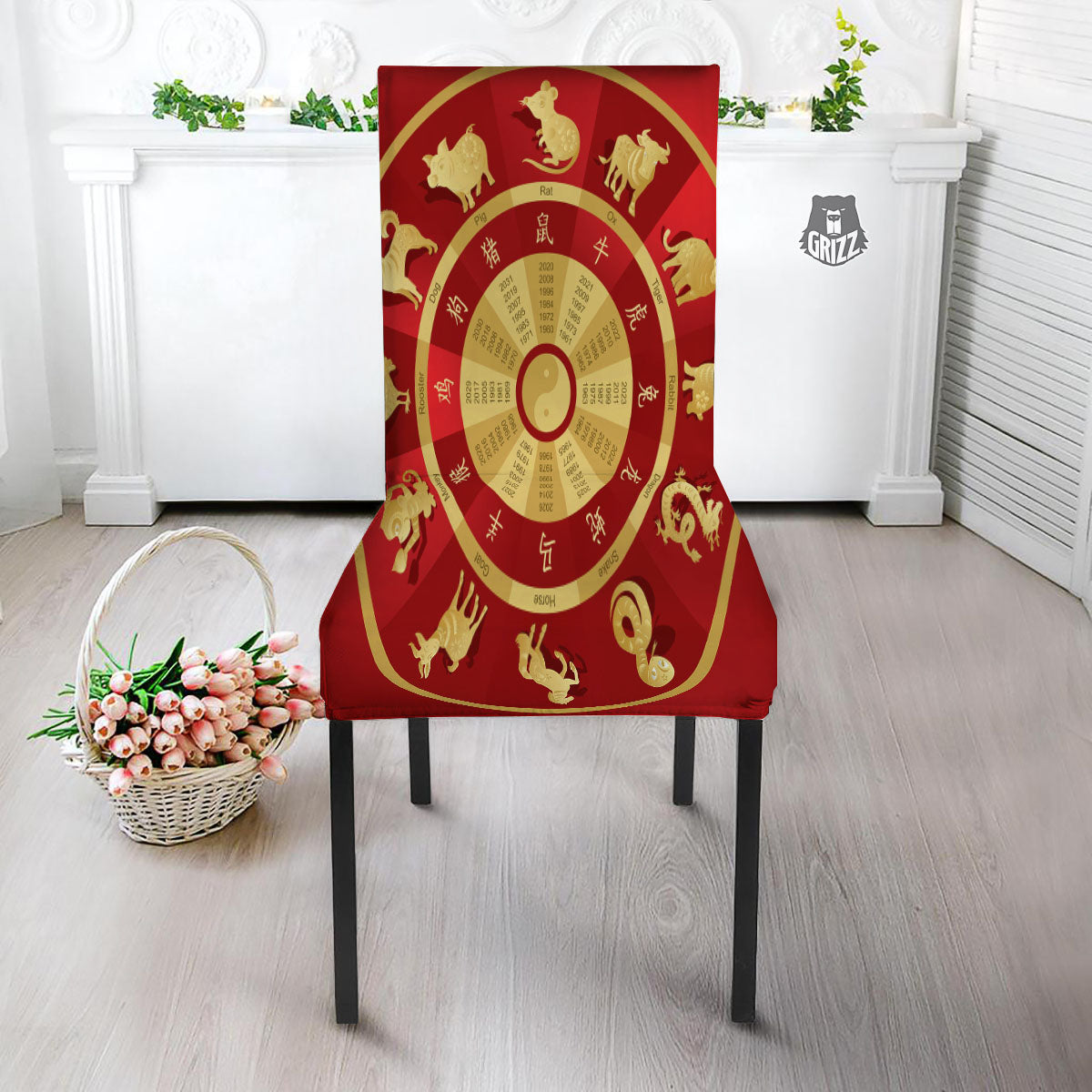Zodiac Wheel Red Chinese Print Dining Chair Slipcover-grizzshop
