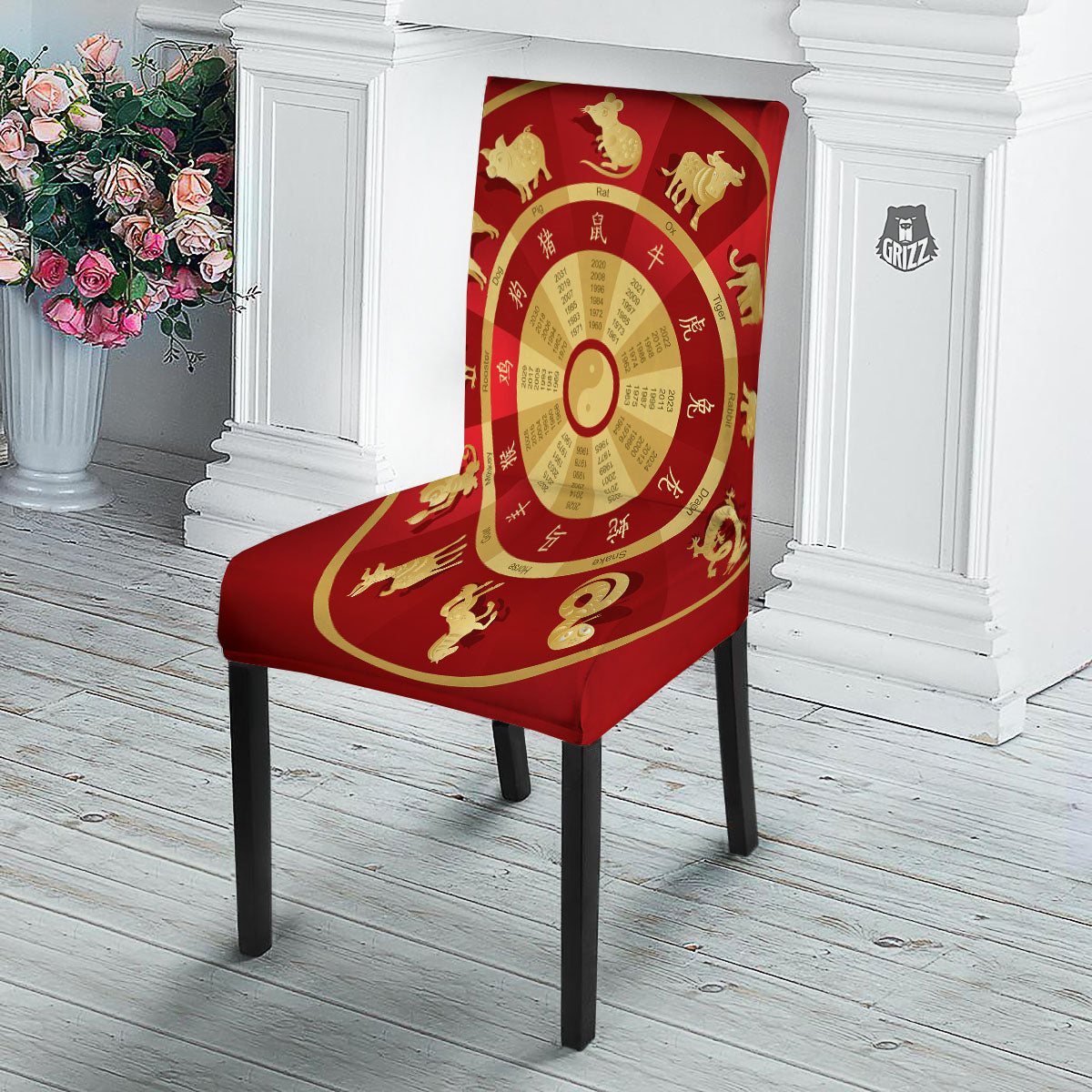 Zodiac Wheel Red Chinese Print Dining Chair Slipcover-grizzshop