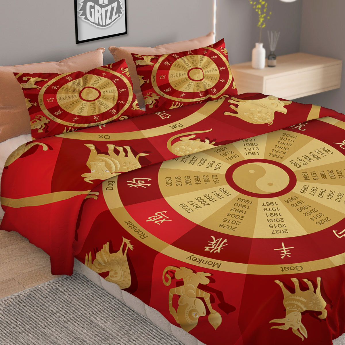 Zodiac Wheel Red Chinese Print Duvet Cover Bedding Set