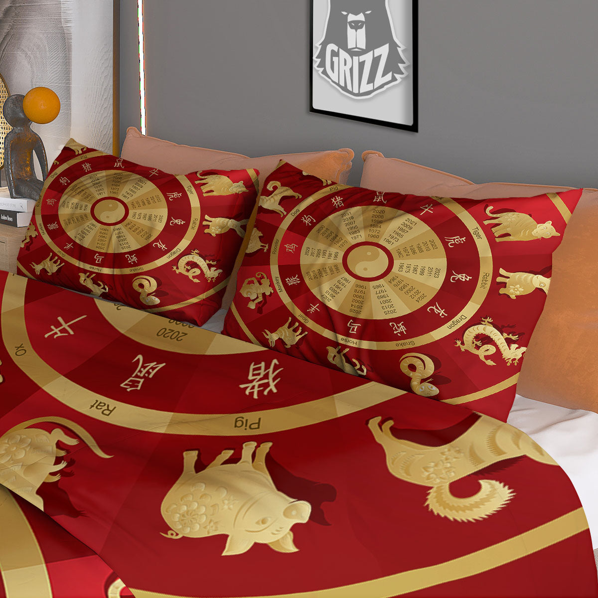 Zodiac Wheel Red Chinese Print Duvet Cover Bedding Set