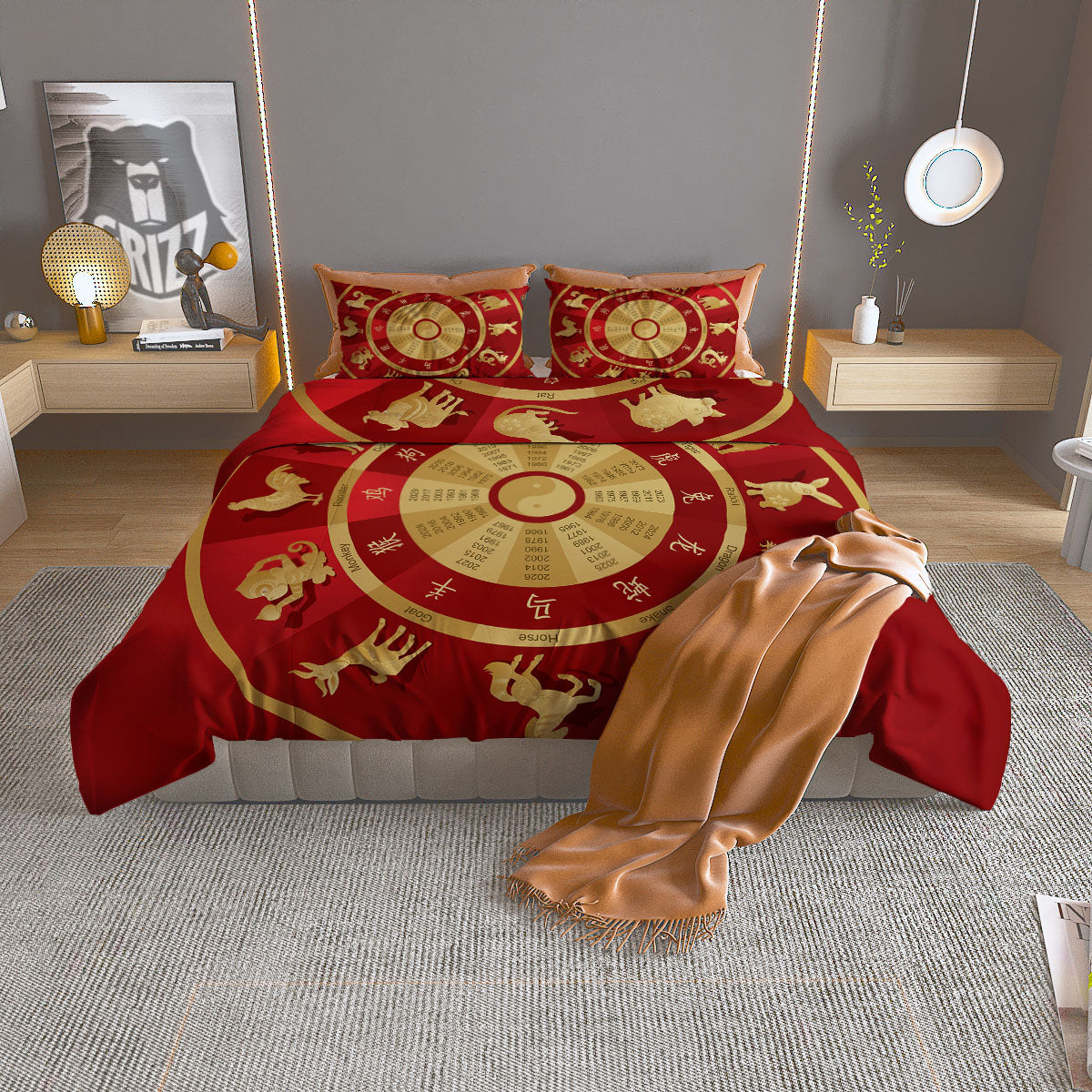 Zodiac Wheel Red Chinese Print Duvet Cover Bedding Set