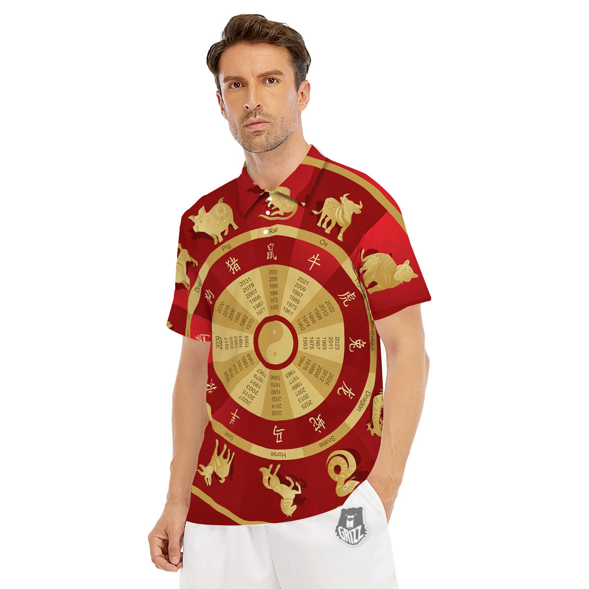 Zodiac Wheel Red Chinese Print Men's Golf Shirts-grizzshop