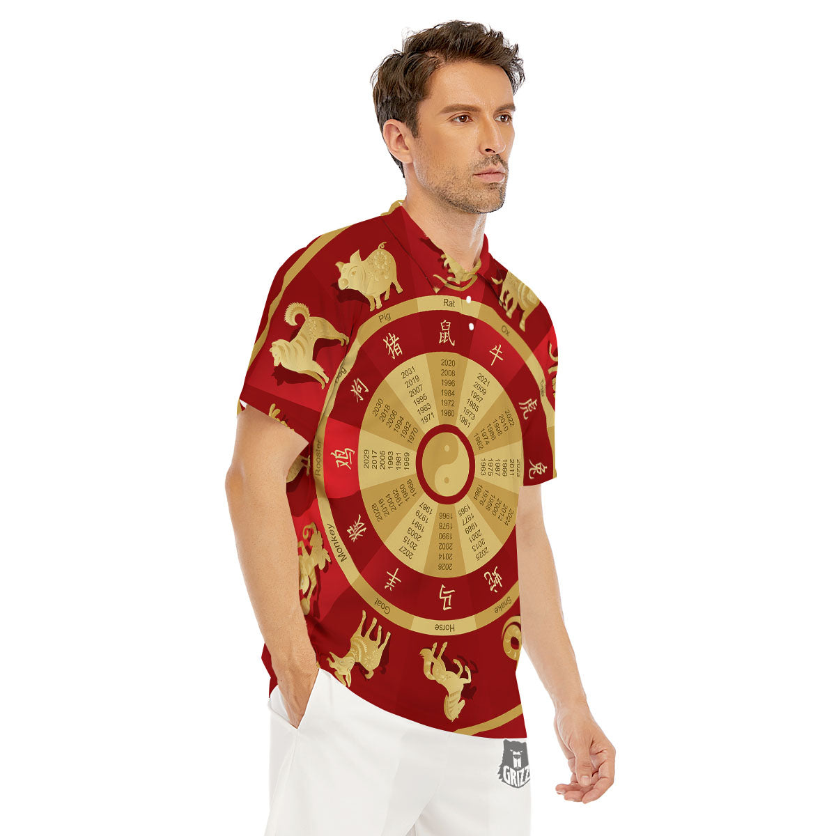 Zodiac Wheel Red Chinese Print Men's Golf Shirts-grizzshop