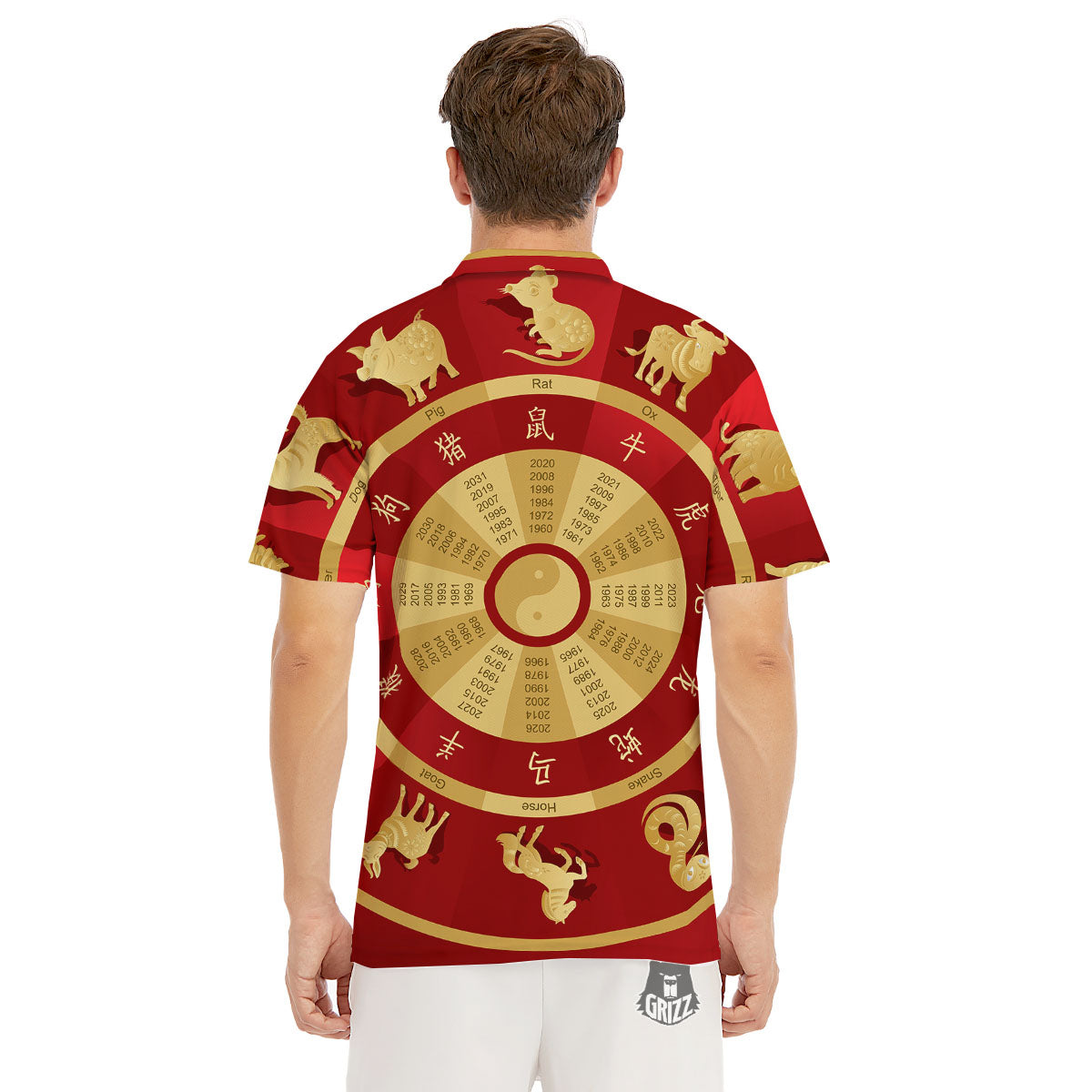 Zodiac Wheel Red Chinese Print Men's Golf Shirts-grizzshop