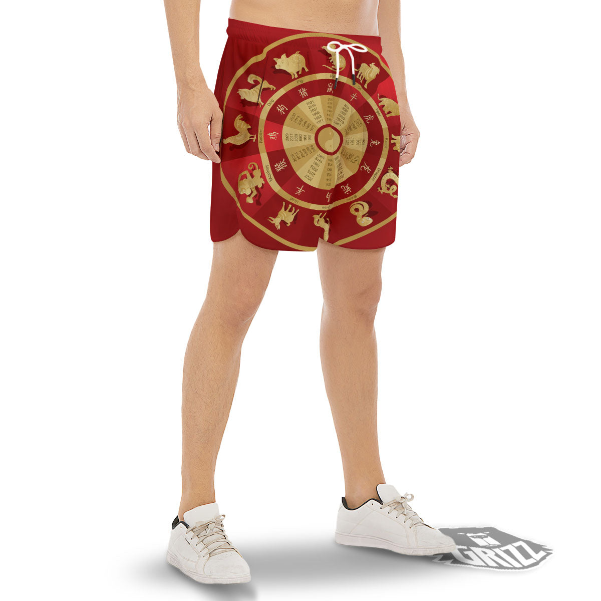 Zodiac Wheel Red Chinese Print Men's Gym Shorts-grizzshop