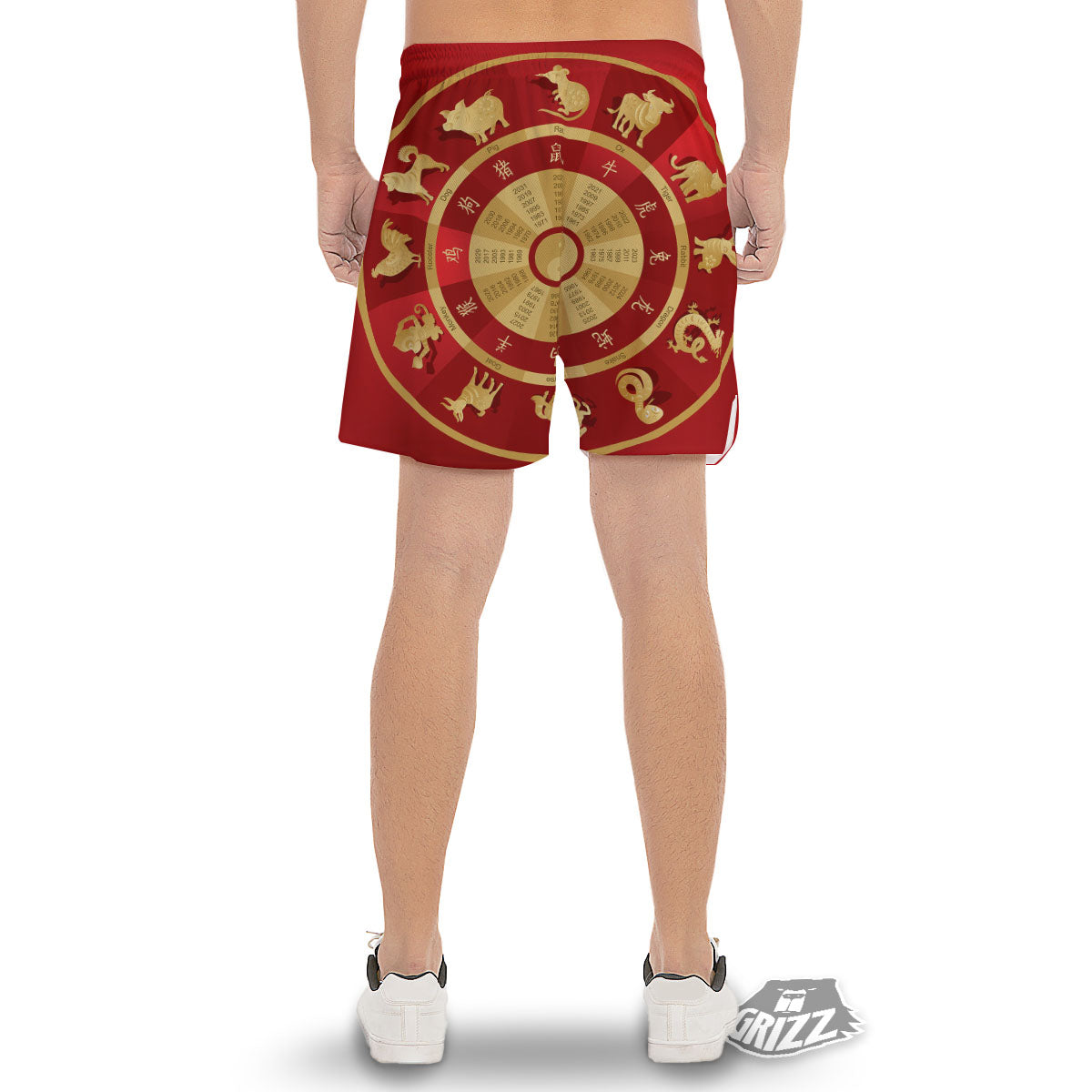 Zodiac Wheel Red Chinese Print Men's Gym Shorts-grizzshop