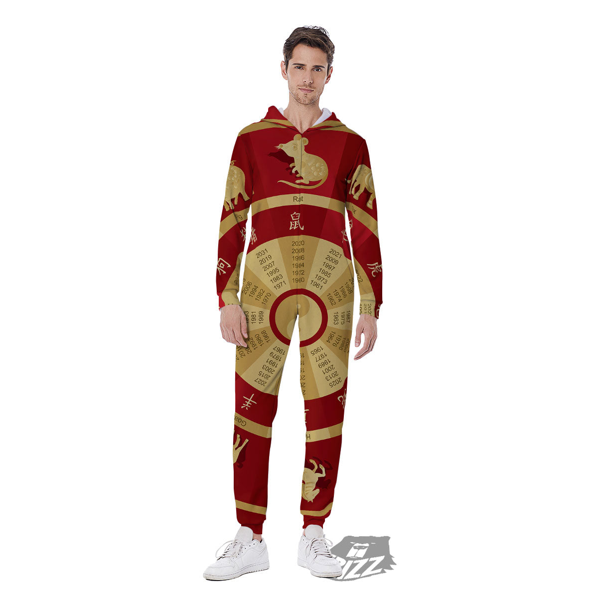 Zodiac Wheel Red Chinese Print Men's Jumpsuit-grizzshop