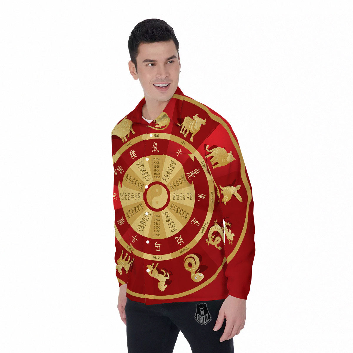 Zodiac Wheel Red Chinese Print Men's Long Sleeve Shirts-grizzshop