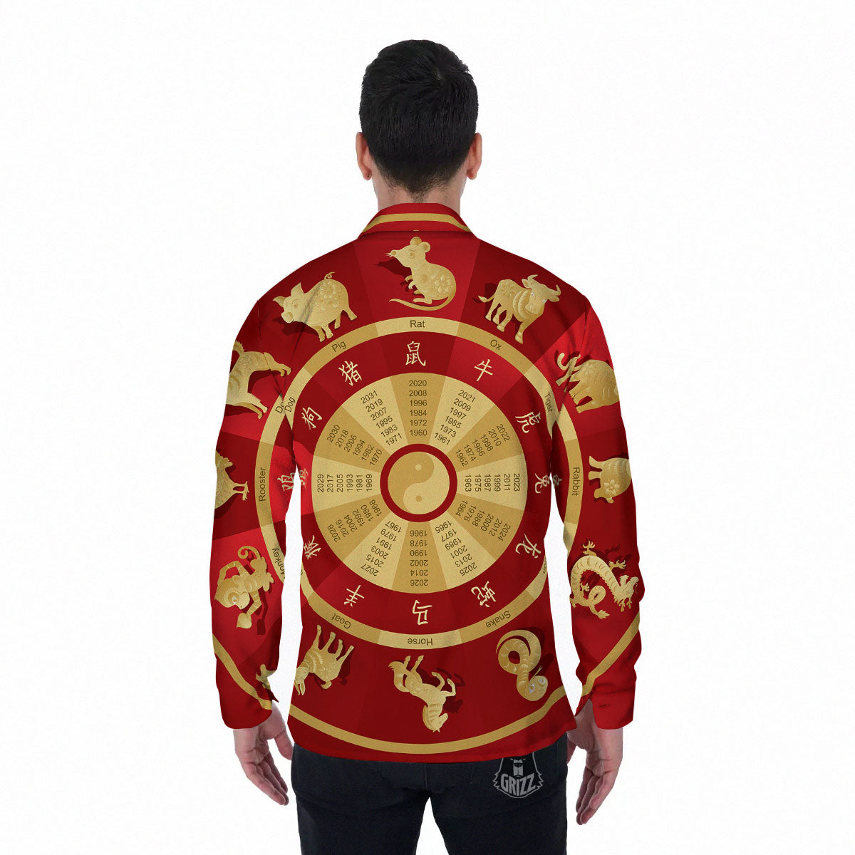 Zodiac Wheel Red Chinese Print Men's Long Sleeve Shirts-grizzshop