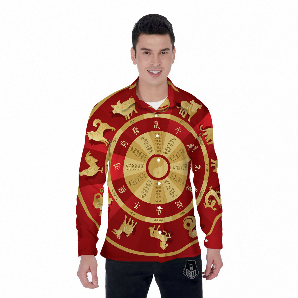 Zodiac Wheel Red Chinese Print Men's Long Sleeve Shirts-grizzshop