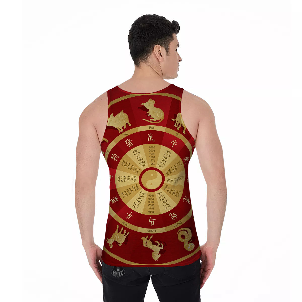 Zodiac Wheel Red Chinese Print Men's Tank Top-grizzshop