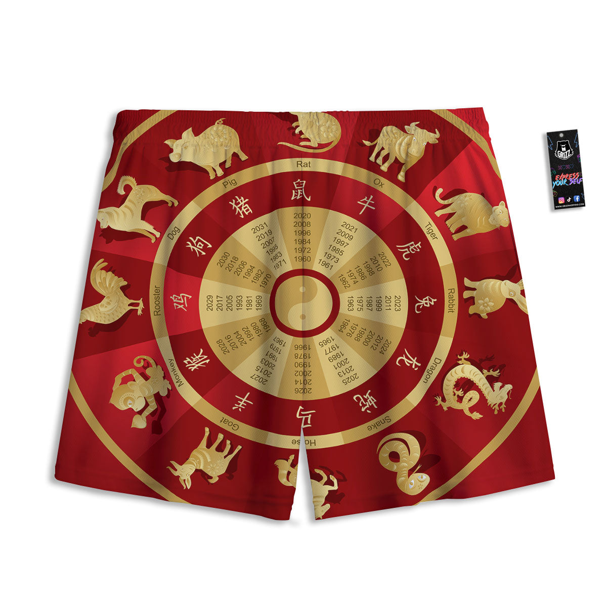 Zodiac Wheel Red Chinese Print Mesh Shorts