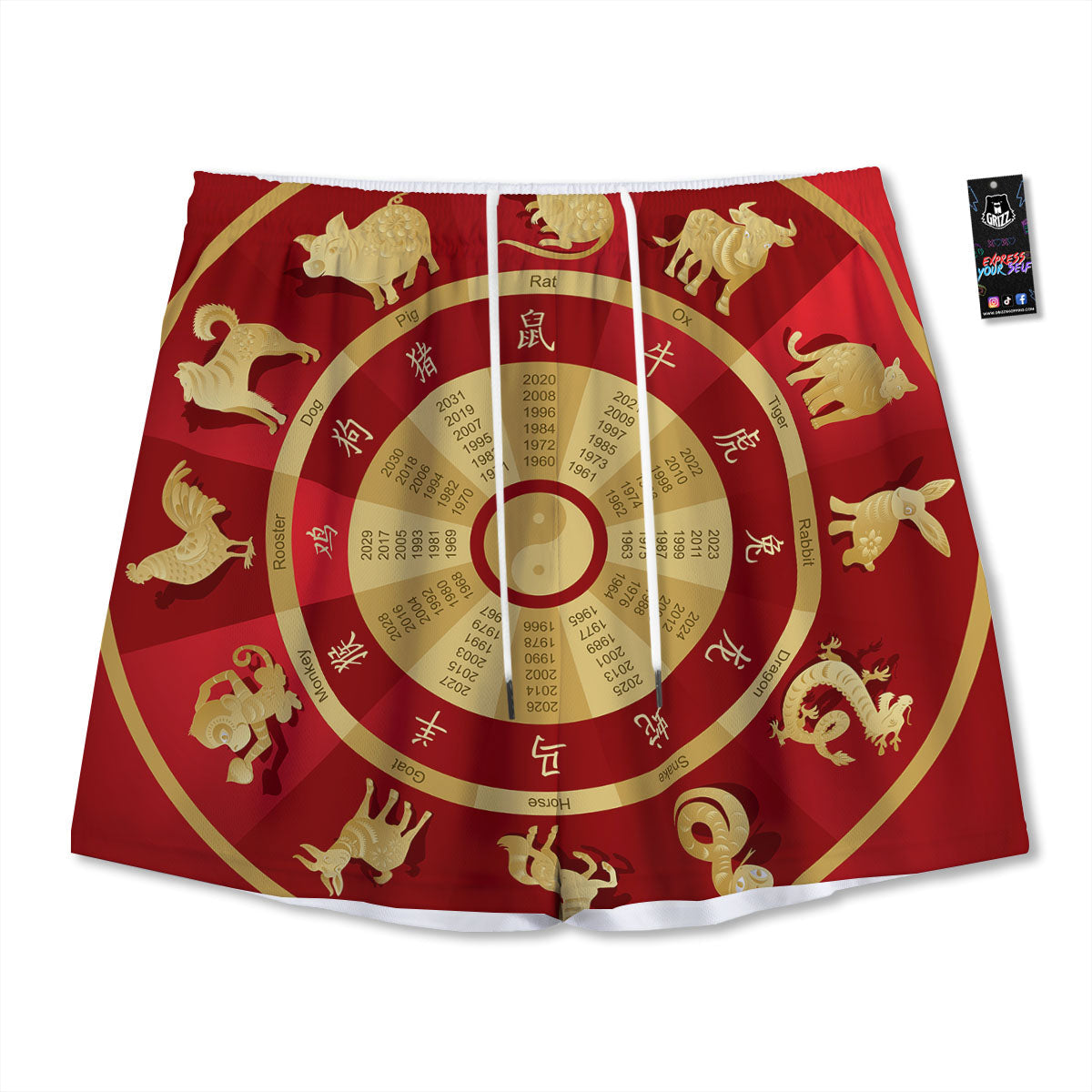 Zodiac Wheel Red Chinese Print Mesh Shorts