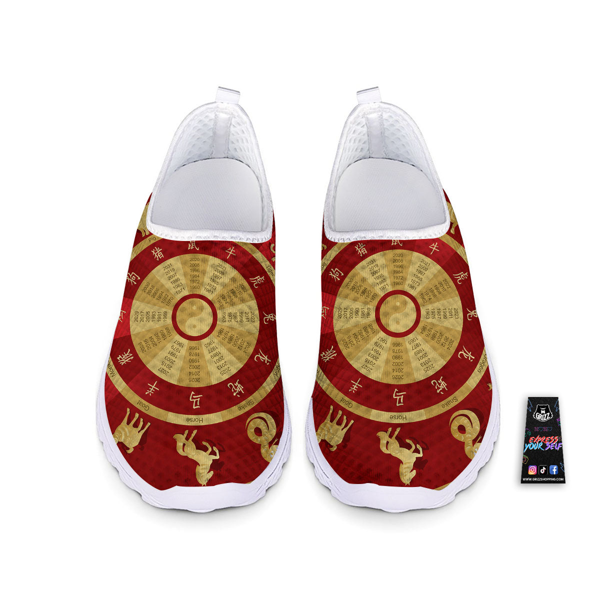 Zodiac Wheel Red Chinese Print Nurse Shoes-grizzshop