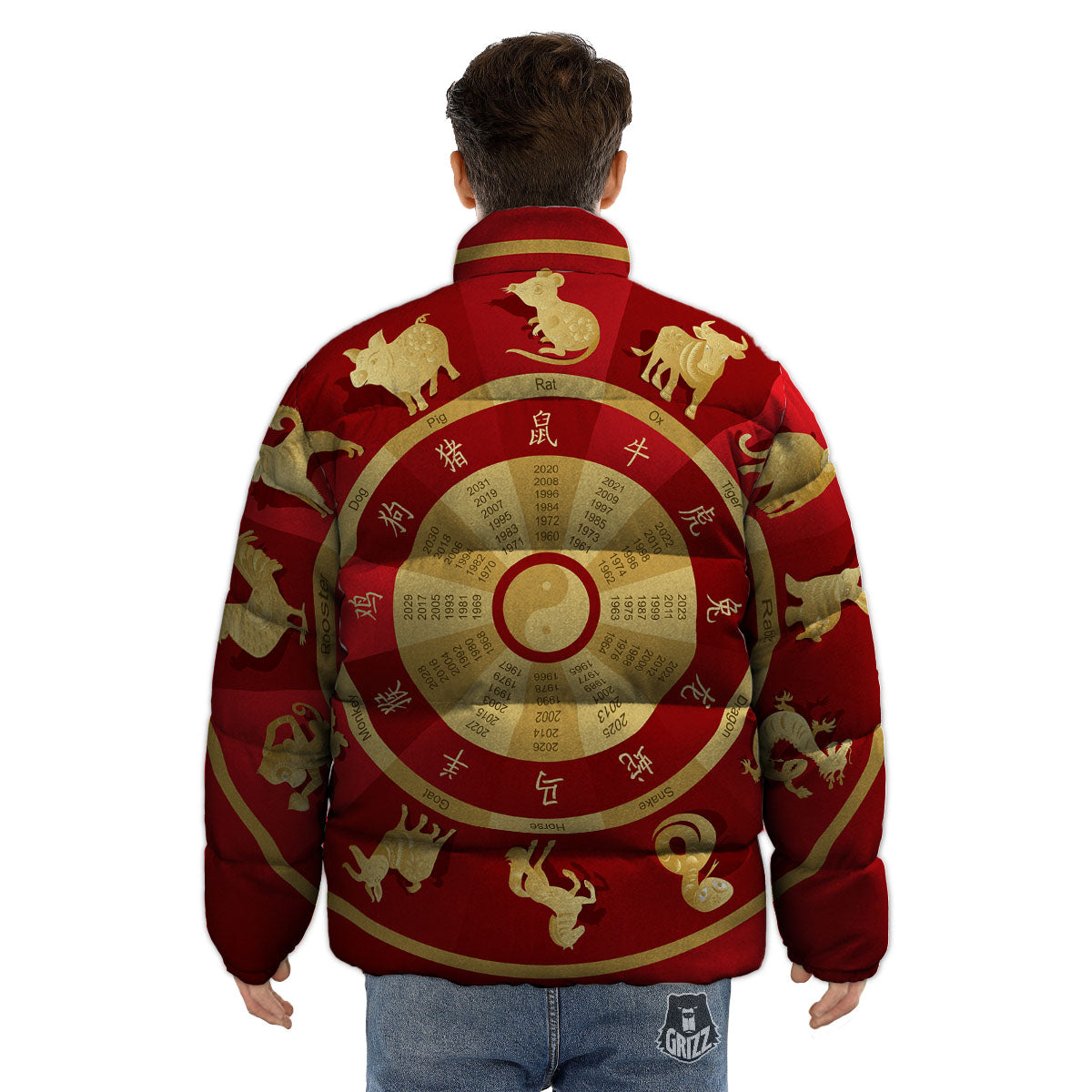 Zodiac Wheel Red Chinese Print Puffer Jacket-grizzshop