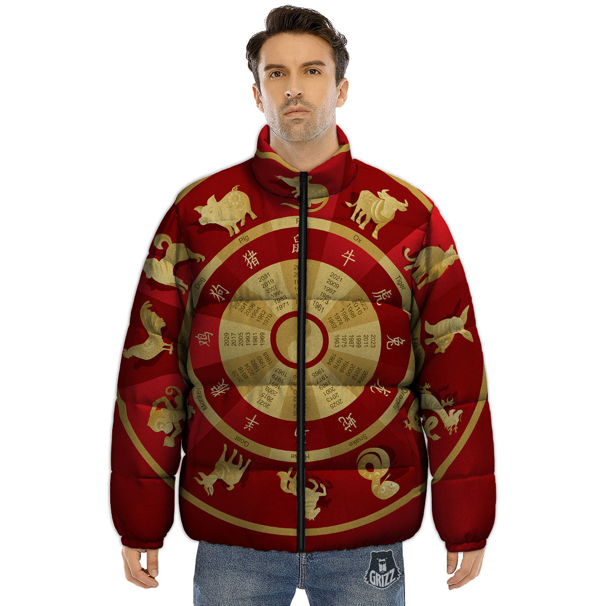 Zodiac Wheel Red Chinese Print Puffer Jacket-grizzshop