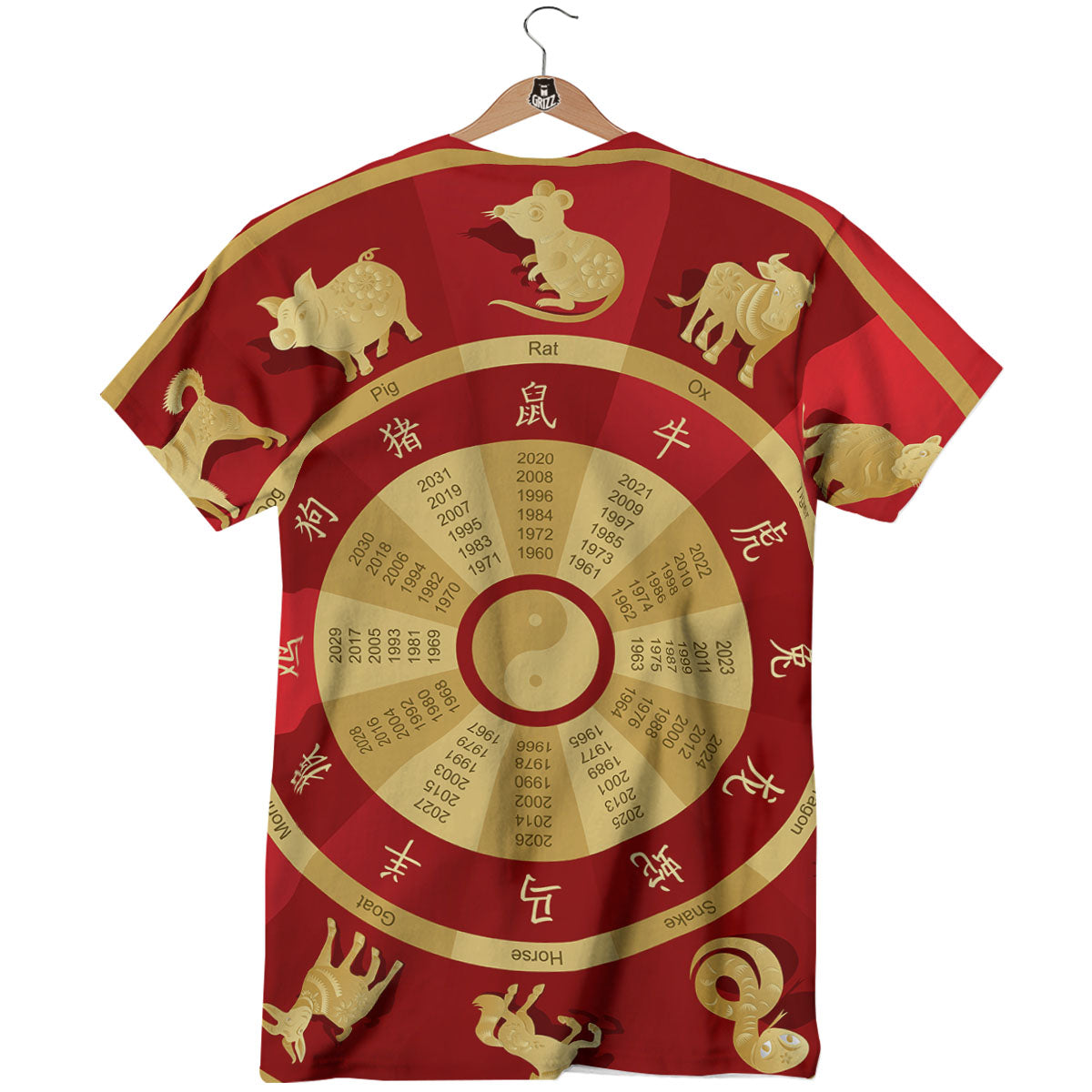 Zodiac Wheel Red Chinese Print T-Shirt-grizzshop