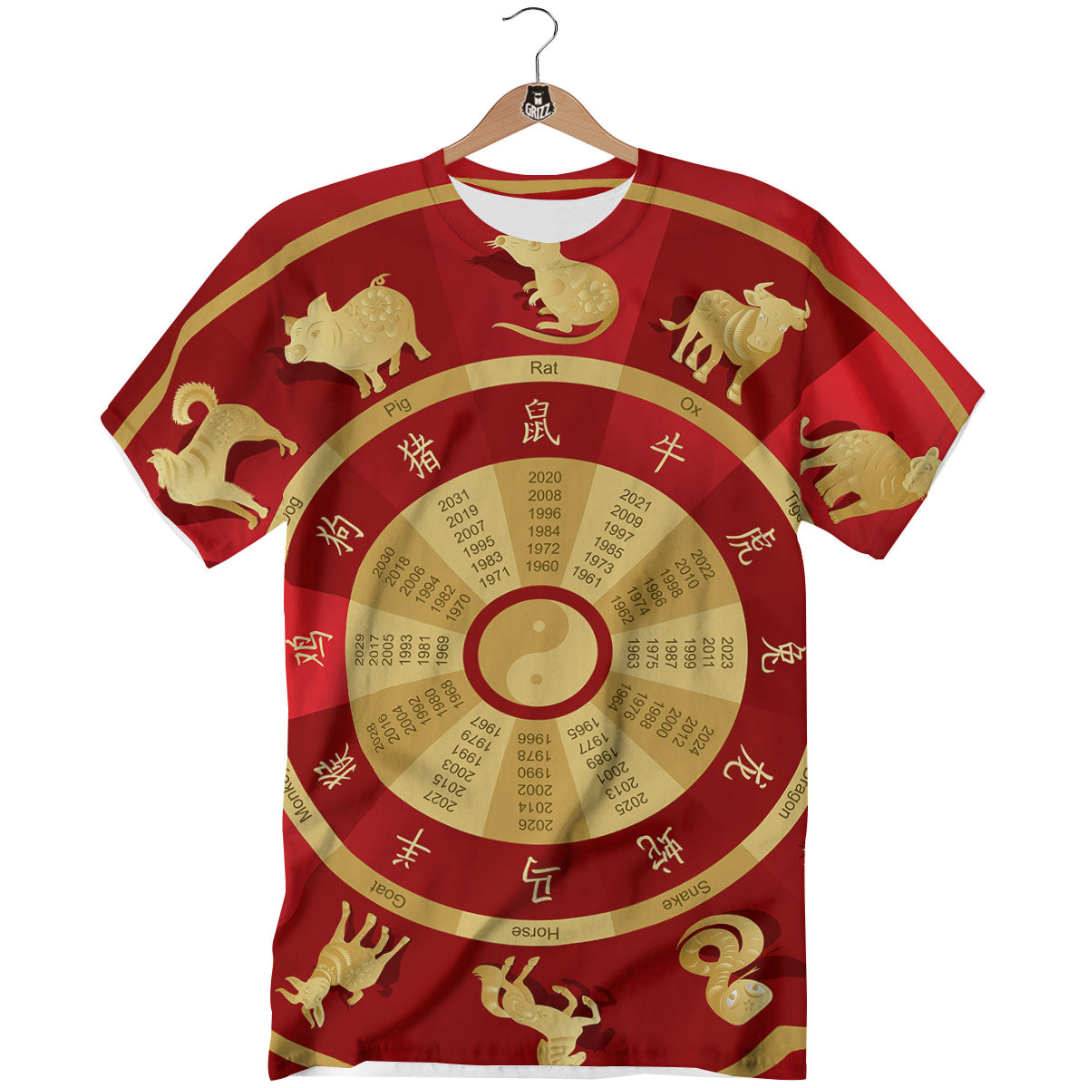 Zodiac Wheel Red Chinese Print T-Shirt-grizzshop