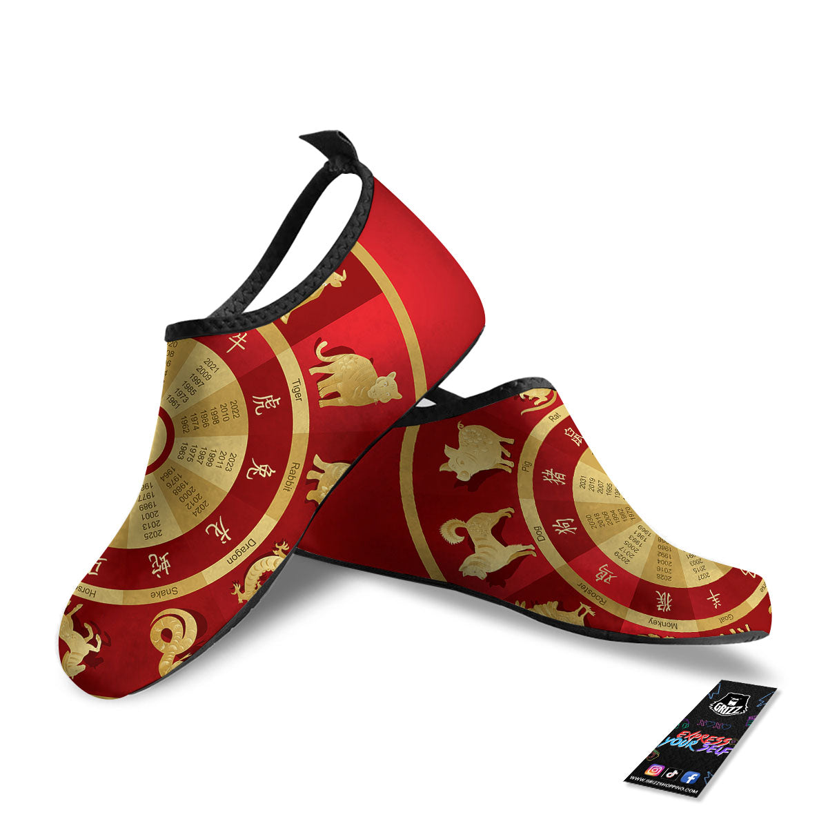 Zodiac Wheel Red Chinese Print Water Shoes-grizzshop